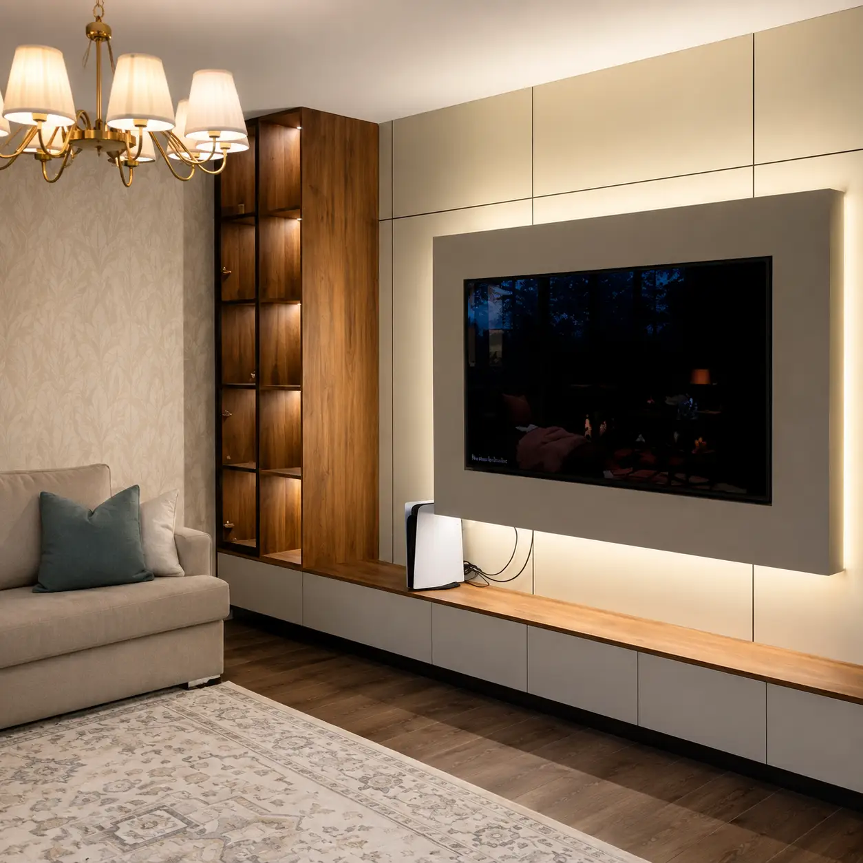 Warm wood TV media wall