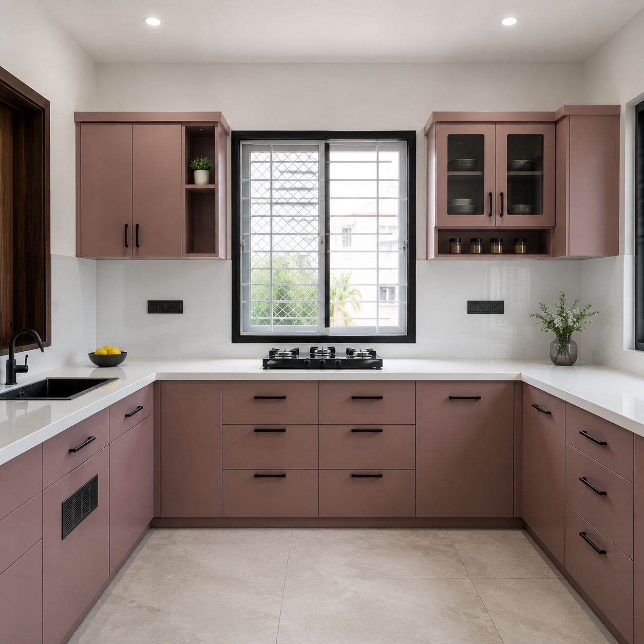Blush pink U-shaped kitchen cabinets with black handles