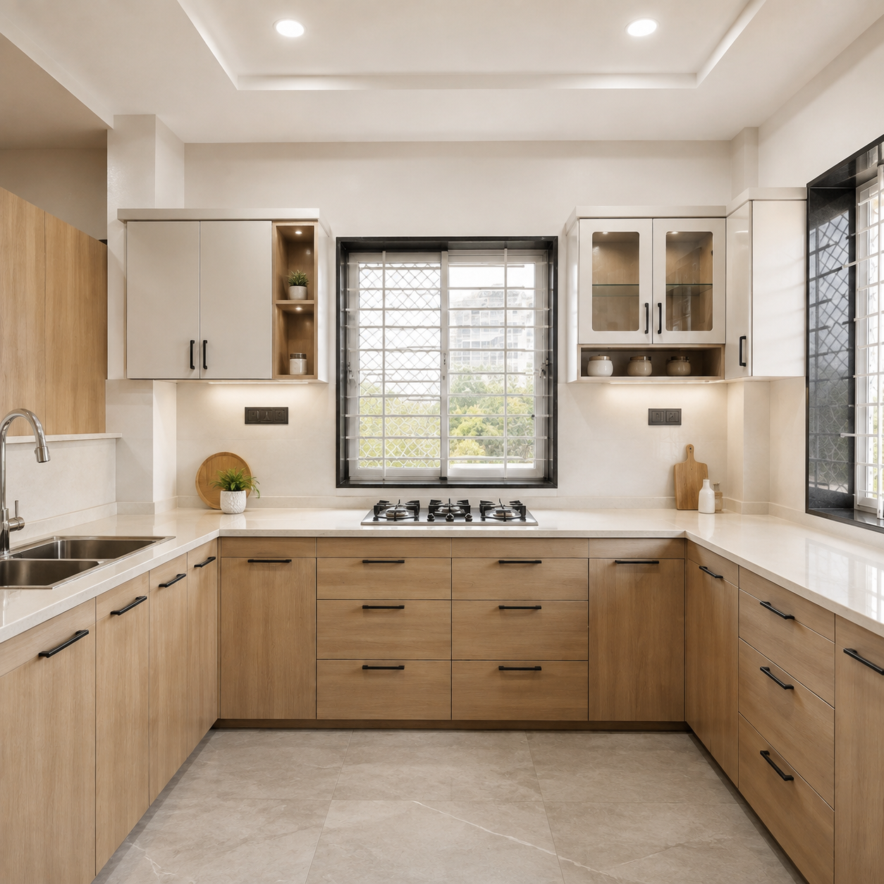 Light oak U-shaped kitchen cabinets with white worktop