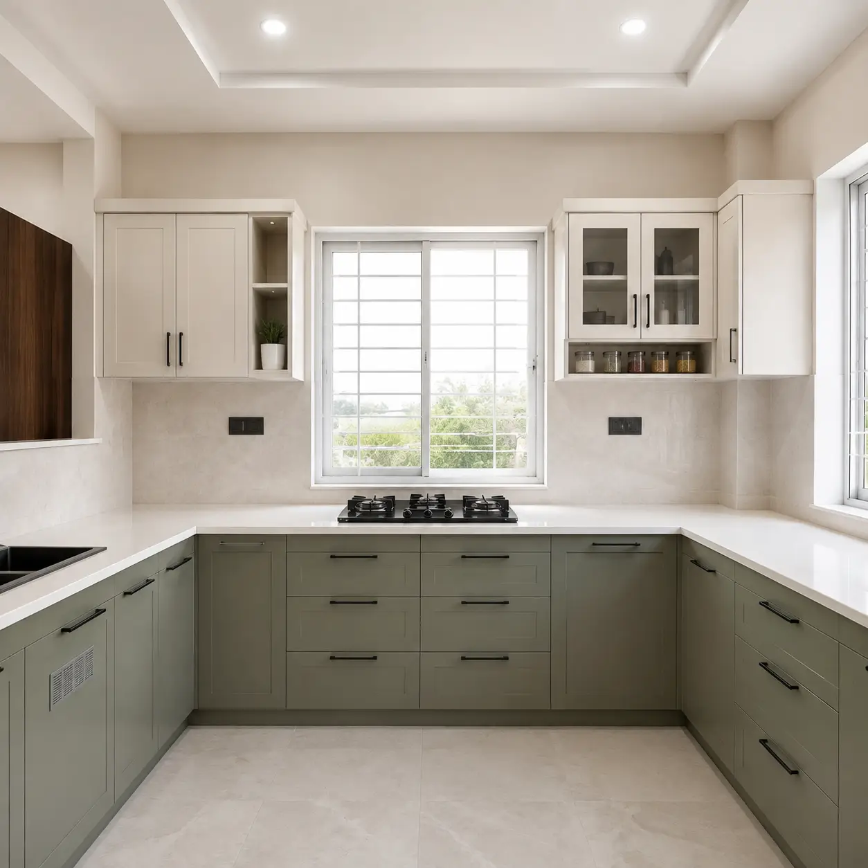 Sage green U-shaped kitchen cabinets with white upper units