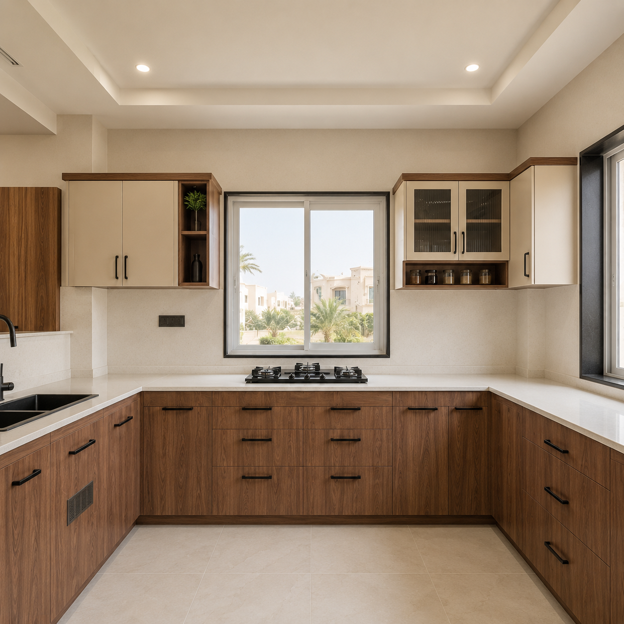 Walnut and cream U-shaped kitchen cabinet design