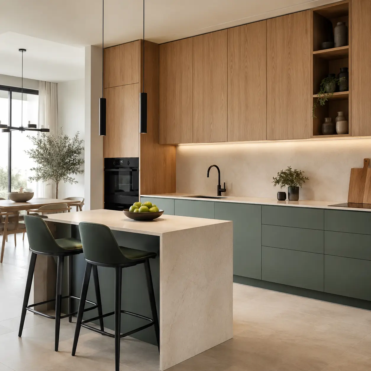 Oak and sage green kitchen cabinets with stone island